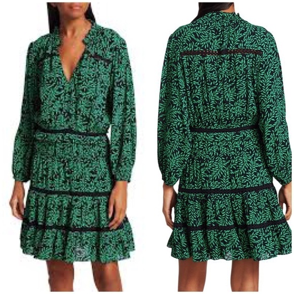 Joie Dress Women’s Size Small Green Black Salama Leaf Printed Puff-Sleeve Dress - Picture 16 of 17